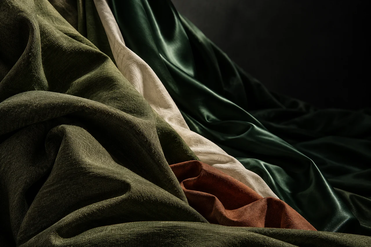 Forest-green satin, olive cotton and ivory fabric in a sculptural editorial composition.
