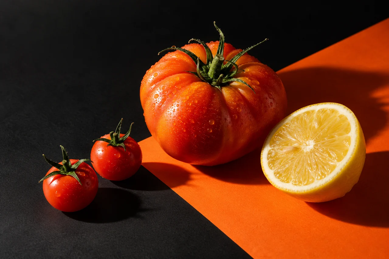 Whole tomatoes and a lemon half on orange and black paper, lit as an editorial still life.